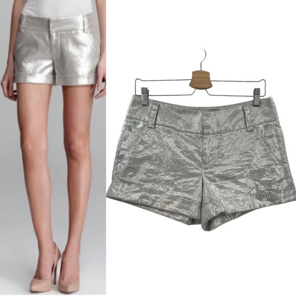 Alice + Olivia Cady Cuff Shorts Linen Blend Low Rise Metallic Silver Size 4 - Picture 1 of 10